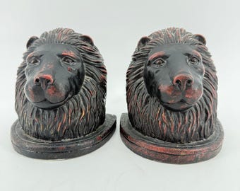 Lion Head Bookends Home Decor Black Red Distressed Resin Weighted Heavy Men Cave