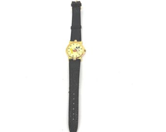 Disney Mickey Mouse Watch Vintage Gold Black Leather Strap 061-61231 Vintage