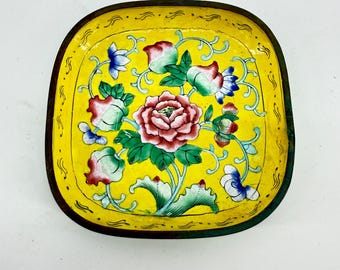 Cloisonne Enamel Trinket Dish Unisex 4in Yellow Pink Peony Floral Tray