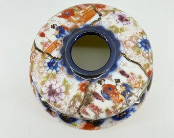 Vintage Porcelain Hair Receiver | Asian Hand Painted Dresser Vanity Jar