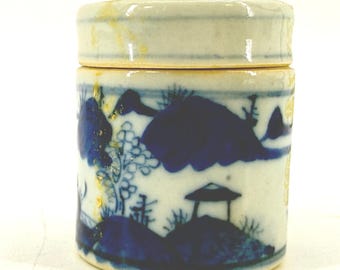 Ginger Tea Jar Small Blue White Hand Painted Landscape Porcelain Caddy 3"x2"