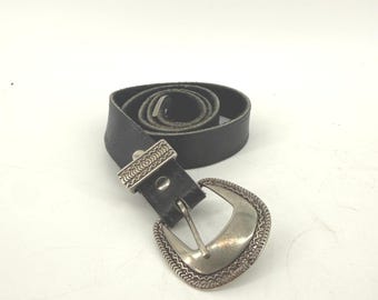 Unbranded Western Belt Unisex Black Silver Engraved Buckle Set Leather 35"
