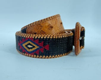 Vintage Southwestern Woven Leather Belt Unisex SZ 40 Brown Black Geometric Boho