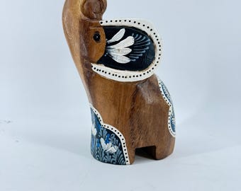 Vintage Hand Carved Wooden Elephant Folk Art Scandinavian Style Painted Decor