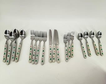 Flatware Set White Christmas Trees Stainless 18pc Utensils Vintage Plastic