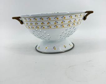 Vintage Enamel Colander Kitchen White Yellow Floral Brass Handles Farmhouse