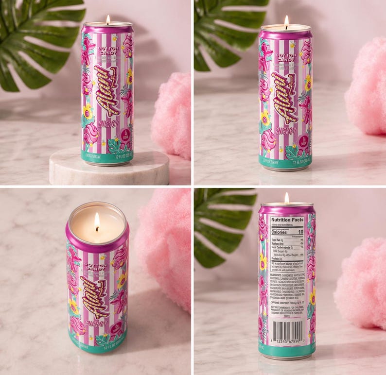 K&ouml;nnte beinhalten: Eine nach Zuckerwatte duftende Kerze in einer rosa-t&uuml;rkisfarbenen Energy-Drink-Dose. Die Dose hat ein vertikales Streifendesign mit floralen und textlichen Elementen. Die Kerze ist angez&uuml;ndet.