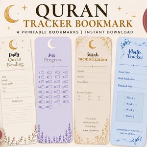 May include: Four rectangular Quran tracker bookmarks featuring gold crescent moon icons and floral accents. The designs include sections for Daily Quran Reading, Juz Progress with numbered checkboxes, Surah memorization, and a Khatm Tracker with weekly goals.