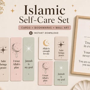 Pode incluir: Um conjunto de autocuidado islâmico com cartões, marcadores e arte de parede. O conjunto inclui cartões com frases como "Allah é suficiente para mim" e "Sabr traz paz", juntamente com uma impressão emoldurada com texto inspirador. A paleta de cores é suave, com tons bege, dourado e pastel.