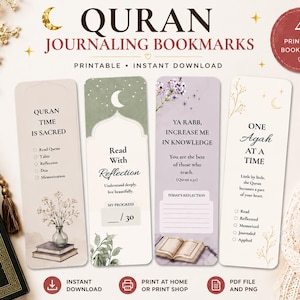 Peut inclure: Quatre marque-pages de journalisation du Coran imprimables, avec des motifs floraux et de croissant de lune. Chaque marque-page contient du texte tel que "Quran Time is Sacred". Téléchargement instantané disponible.