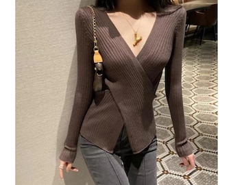 Women's V-Neck Knit Sweater | Slim Fit Long Sleeve Pullover Top
