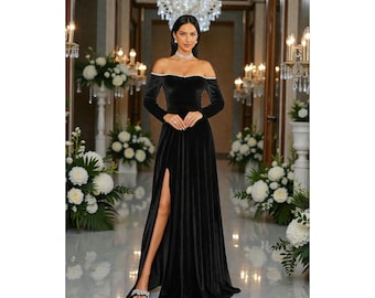 ブラックベルベットのオフショルダーガウン｜太ももまでスリットの入ったイブニングドレス