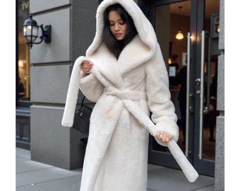 Women Faux Fur Long Coat Hooded Elegant Winter Overcoat | Thick Loose Fit Full Sleeve Lace Up Jacket Autumn Winter