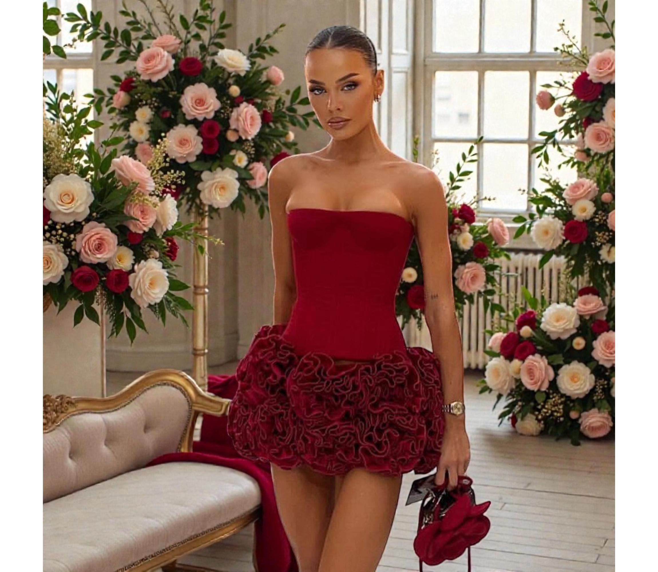 open lace back dress Deep Red Satin Bandeau Mini Dress main image 1