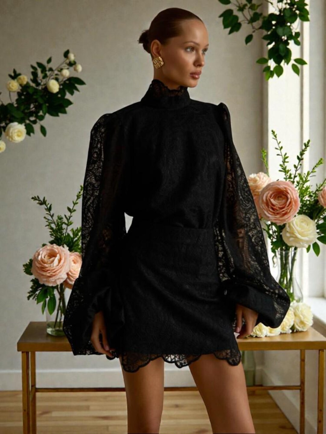black lace hollow out dress Black Lace Hollow Out Mini Dress