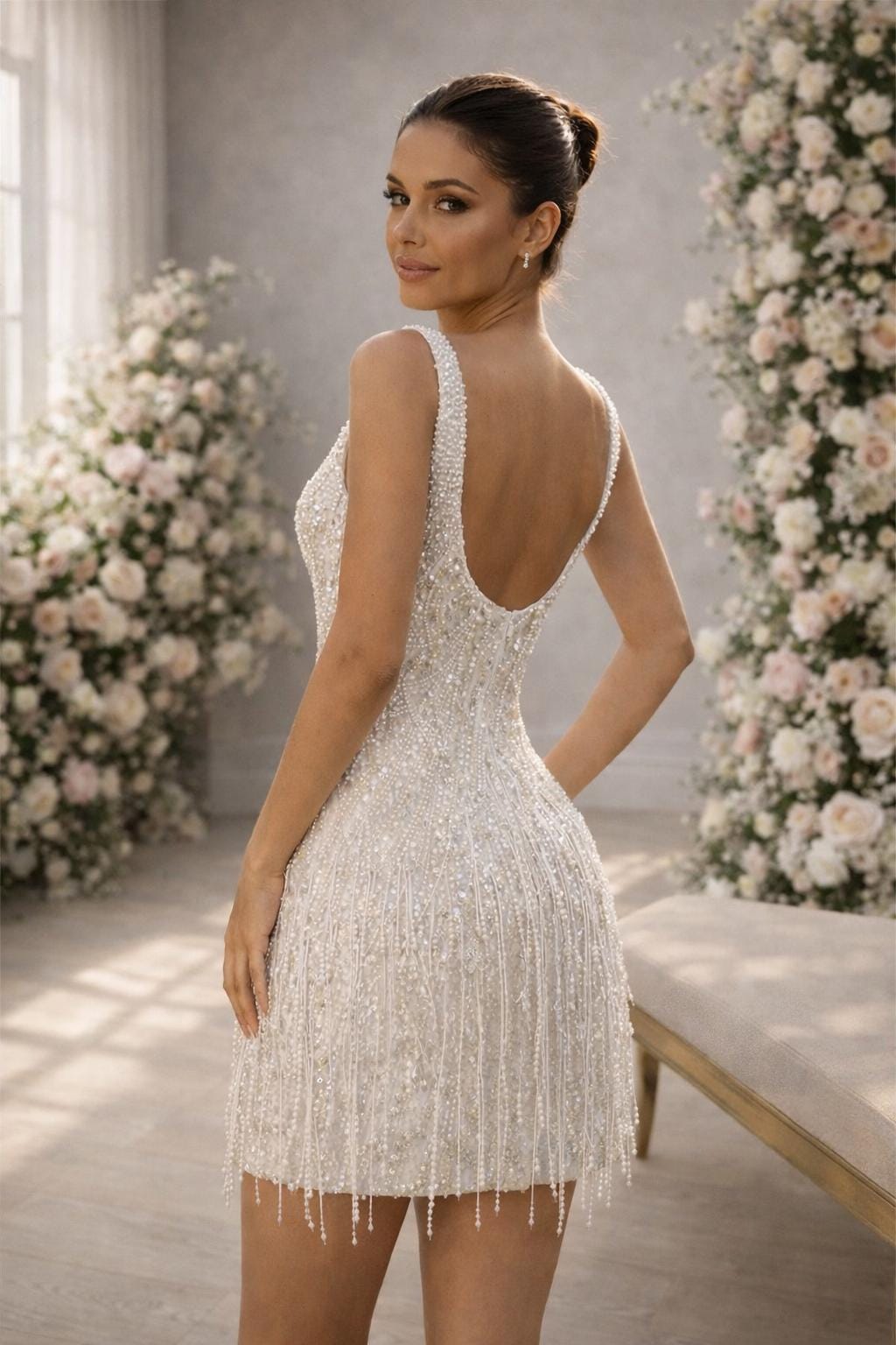 white beaded mini dress bridal Tressa White Beaded Mesh Strapless Mini Wedding Dress XS / 2