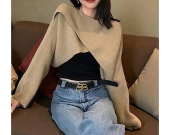 Women Crisscross Crop Sweater | Cross Front Knit Wrap Pullover | Relaxed Fit Fall Winter Jumper