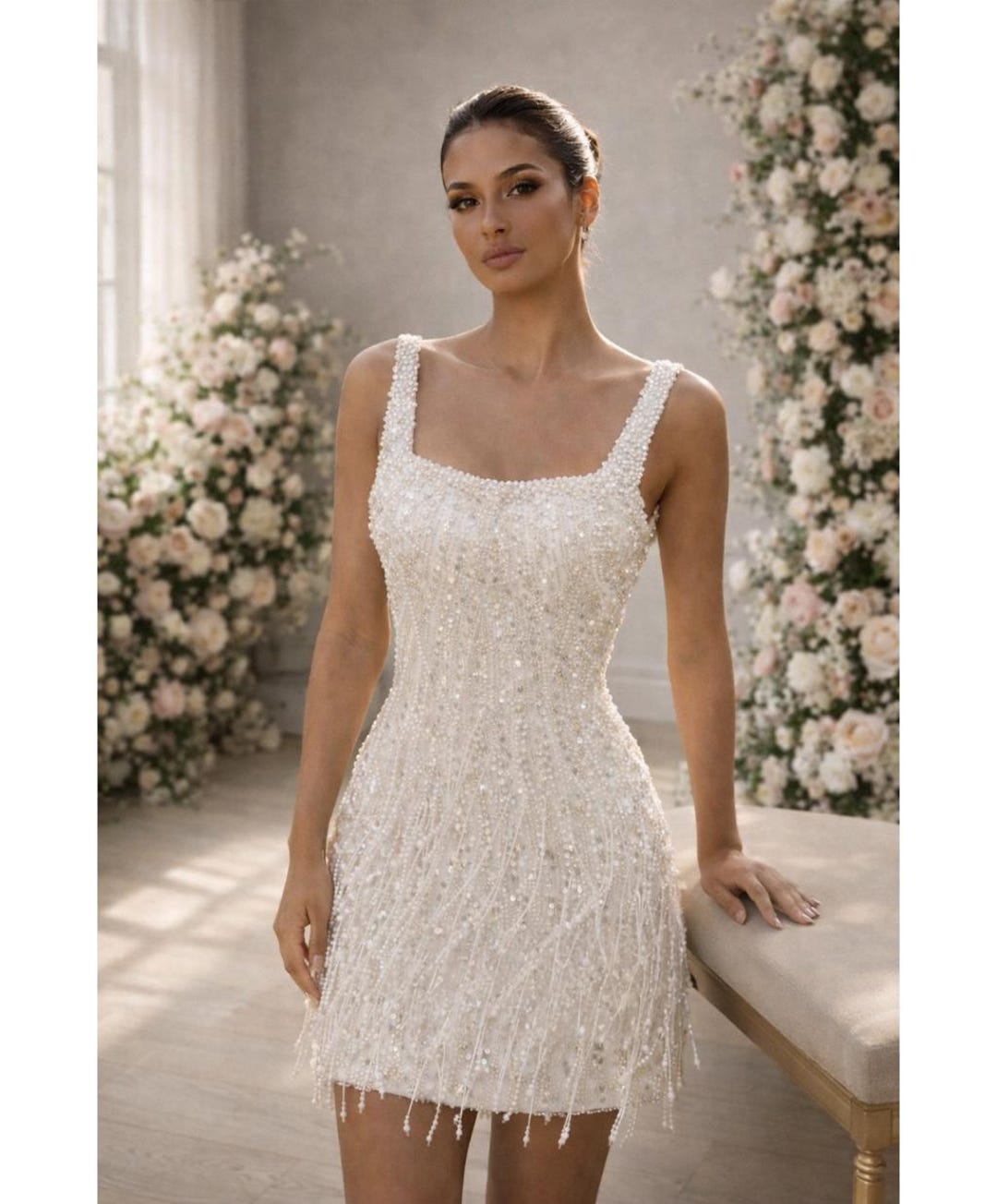 white beaded mini dress bridal Ellie Belle Neve Pearl Beaded Mini Bridal Dress, US 8