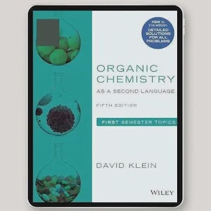 May include: A digital tablet displays the cover of "Organic Chemistry as a Second Language" by David Klein. The book cover is white and green with illustrations of laboratory glassware and text. The Wiley logo is at the bottom.