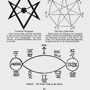 Puede incluir: Ilustraci&oacute;n en blanco y negro de "El Tarot de los Egipcios" con diagramas geom&eacute;tricos y texto. Incluye un hexagrama unicursal, un diagrama de los d&iacute;as de la semana y un doble bucle en el zod&iacute;aco.