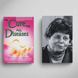 May include: A book titled "The Cure for All Diseases" with a pink cover and green and white text. The cover features a hand with a glowing light. Next to the book is a black and white portrait of a woman.