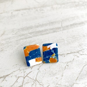 UVA Stud Earrings, University of Virginia Earrings, Marbled Navy and Orange Clay Studs Wide rectangle