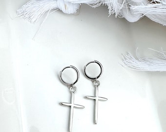 Silver Cross Huggie Earring, Religious Earring, Spiritual Earring, Minimalist Cross Huggie