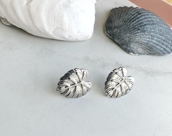 Silver Monstera Leaf Stud Earrings: Tropical Plant Jewelry