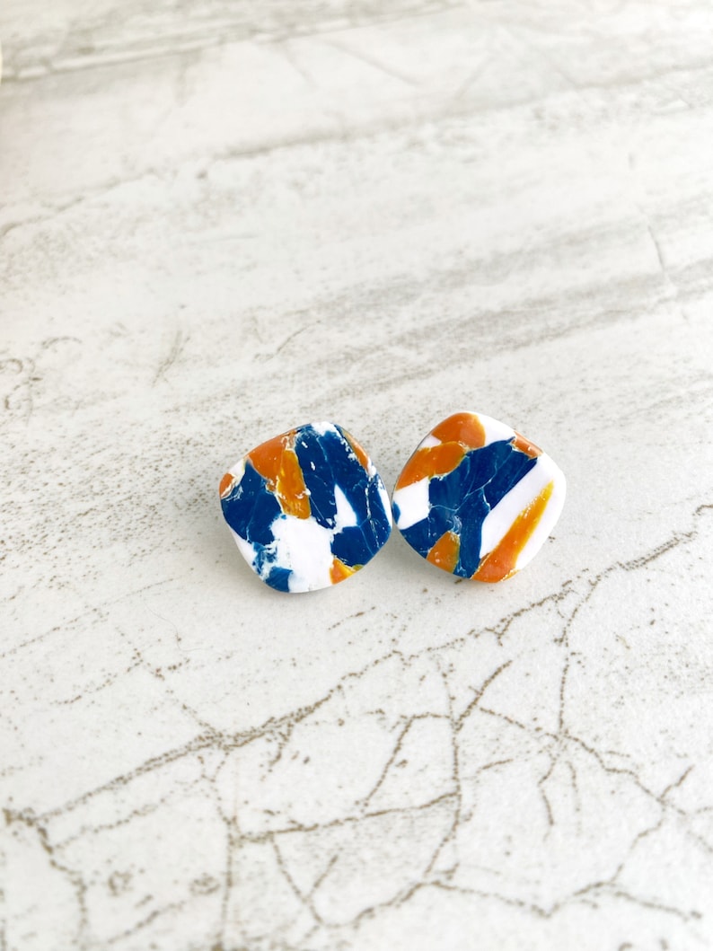 UVA Stud Earrings, University of Virginia Earrings, Marbled Navy and Orange Clay Studs Rounded square