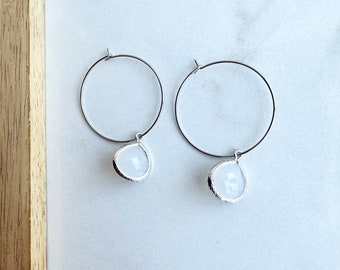 Polished White Glass Hoop Earring