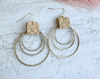 Textured Leather with Brass Hoops Earring, Triple Hoop Earring with Leather, Three Hoop Leather Earrings