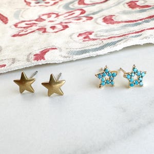 Brass Stars Stud Earring, Star Stud Earring, Textured Gold Star Earrings, Blue Star Earring, Stud Americana Earrings
