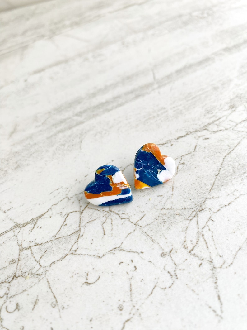 UVA Stud Earrings, University of Virginia Earrings, Marbled Navy and Orange Clay Studs Heart