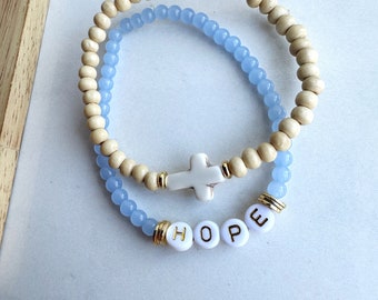 Hope Bracelet Stack, Chunky Wood Bracelet Stack, Stackable Bracelets, Cross Bracelets