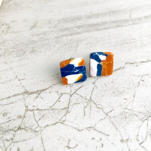 UVA Stud Earrings, University of Virginia Earrings, Marbled Navy and Orange Clay Studs Square