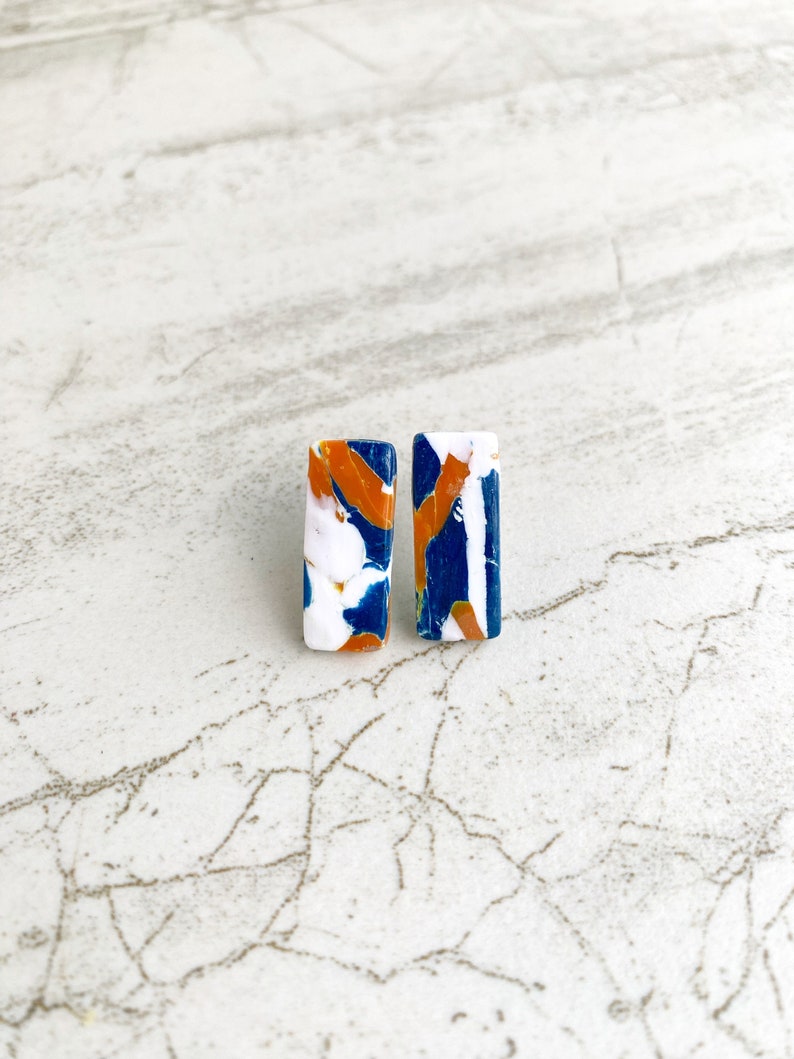 UVA Stud Earrings, University of Virginia Earrings, Marbled Navy and Orange Clay Studs Thin rectangle