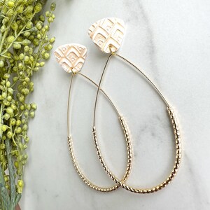 White Stamped Polymer Clay Earrings: Beachy Island Style