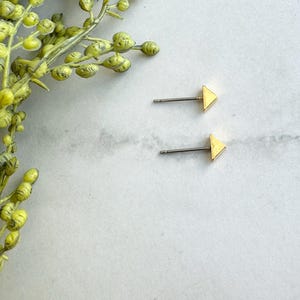 May include: A pair of gold-colored triangle stud earrings with silver posts. The earrings are displayed on a white and gray marble surface, with a sprig of green and yellow plant life in the upper left corner.