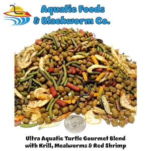 May include: A pile of turtle food with a variety of shapes and colors, including green, red, and brown pieces, and dried shrimp. The text on the image reads "Aquatic Foods & Blackworm Co." and "Ultra Aquatic Turtle Gourmet Blend with Krill, Mealworms & Red Shrimp."