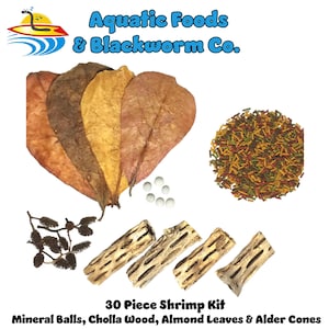 May include: A collection of aquatic supplies, including almond leaves, cholla wood, and alder cones. The image also features mineral balls and a pile of colorful fish food. Text reads "Aquatic Foods & Blackworm Co." and "30 Piece Shrimp Kit."