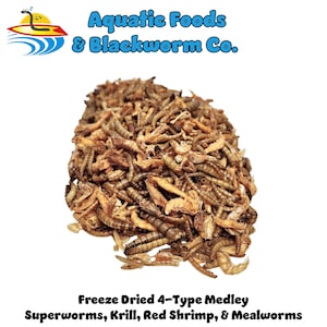 May include: A pile of freeze-dried aquatic food, including superworms, krill, red shrimp, and mealworms. The product is labeled "Aquatic Foods & Blackworm Co." with the text "Freeze Dried 4-Type Medley" and the ingredients listed below.