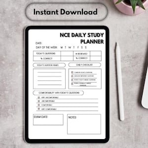 NCE Exam Study Planner, Customizable Daily Template (PDF), Black and White (Printer friendly)