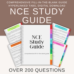 May include: A digital NCE Study Guide with fill-in-the-blank questions. The guide includes tabs for Research, Ethics, and Group Work. The cover reads "NCE Study Guide" and "Over 200 Questions."