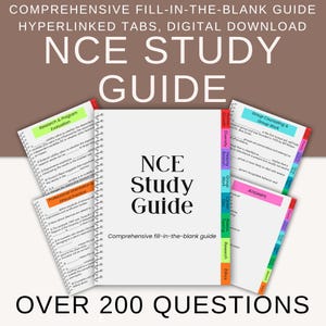 May include: A digital NCE Study Guide with fill-in-the-blank questions, hyperlinked tabs, and over 200 questions. The guide features tabs for Research, Ethics, and Group Work. The cover displays the title "NCE Study Guide".