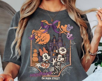Comfort Colors® Retro Mickey & Minnie Skeleton Nightmare On Main Street Shirt, Disney Halloween Trip Tee, Spooky Mickey Minnie Family Outfit