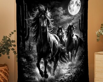 Horse Blanket, Wild Horses Blanket, Vintage Western Throw, Retro Moonlight Desert, Running Stallion Cowboy, Western Halloween Gift