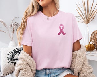 Faux Glitter Pink Ribbon Breast Cancer Awareness Shirt, Fake Sparkle Support Tee, October Fundraising Matching Team Shirts