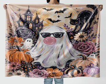 Ghost Blowing Bubble Gum Blanket, Cute Halloween Blanket, Girly Haunted House Throw, Brushstroke Floral Fall Blanket, Spooky Gift