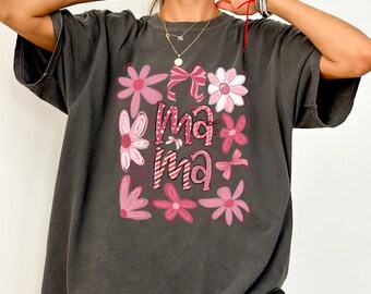 Comfort Colors® Coquette Bow Boho Floral Mama Shirt, Cute Mom Tee, Vintage Flower Mama Shirt, Mothers Day Gift, Trendy Feminine Mom Shirt