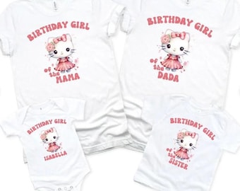 Custom Kitty Birthday Girl Shirt, Hello Cat Birthday Outfit, Personalized Name Birthday T-Shirt, Cute Kawaii Party Gift for Girls